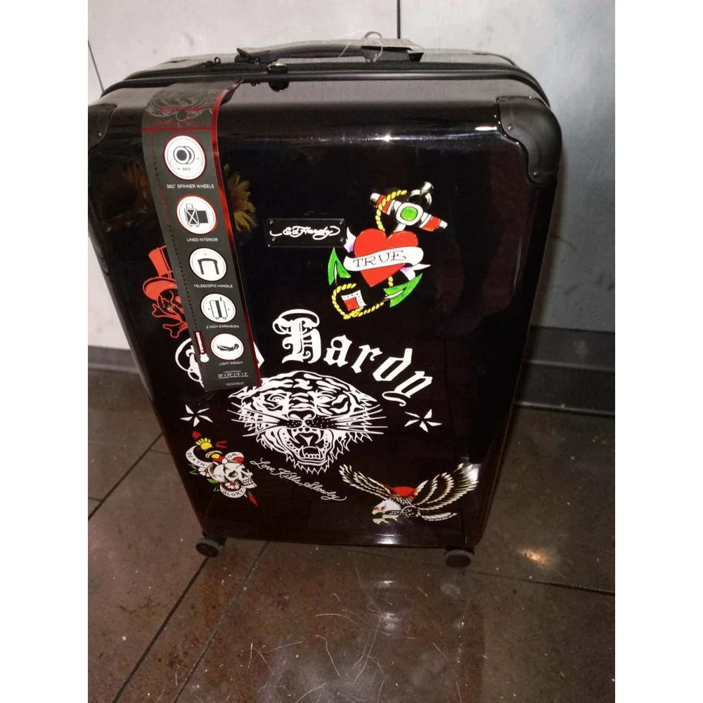 Ed Hardy Hardside Luggage Black Tiger Eagle Skull 32 Inch Spinner Suitcase NEW